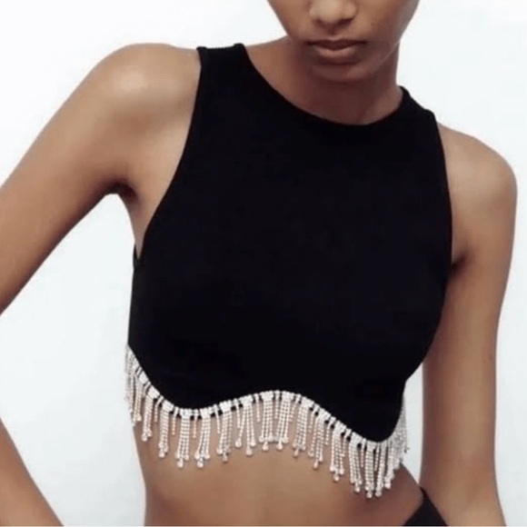NWOT Zara Black Rhinestone Crop Top XS - Picture 2 of 5